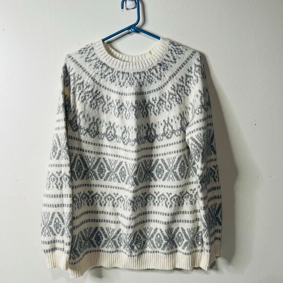 J. Jill White Gray Snowflake Sweater Sz Small Tall Oversized - Picture 1 of 6